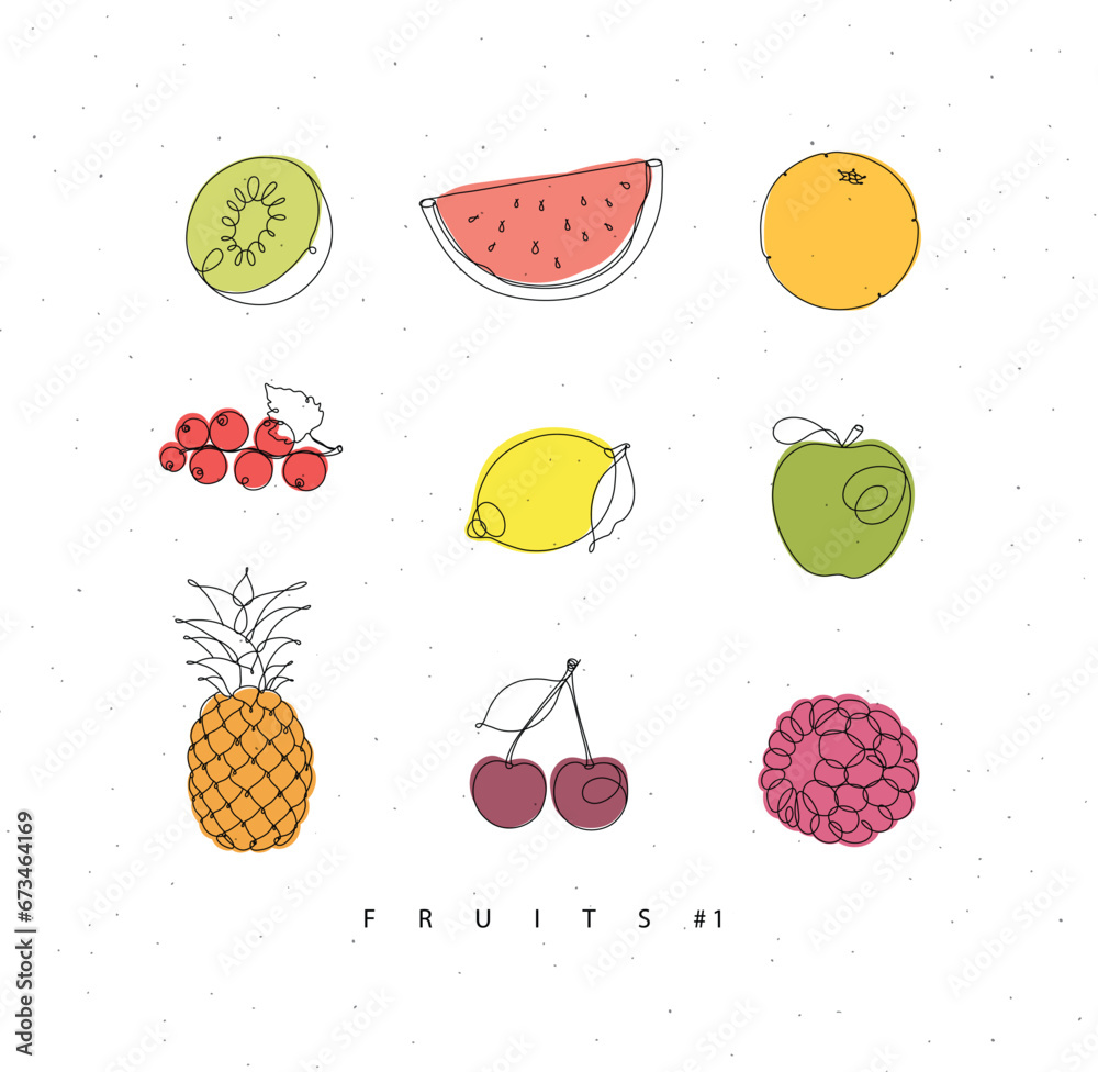 Fruits icons kiwi, watermelon, orange, currant, lemon, apple, pineapple, cherry, raspberries drawing with color in linear style on white background