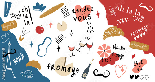 Symboles français, france, style naïf, stickers, champagne, tour eiffel, baguette, croissant, moulin rouge, fromage.