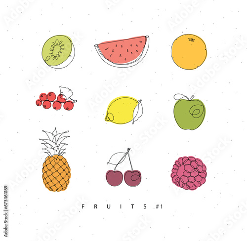Obraz na płótnie Fruits icons kiwi, watermelon, orange, currant, lemon, apple, pineapple, cherry, raspberries drawing with color in linear style on white background w salonie