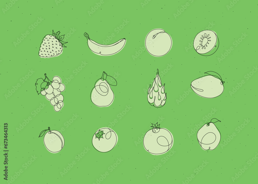 Fruits icons strawberry, banana, apricot, kiwi, grapes, pear, dragon fruit, mango, peach, blueberry, pomegranate, quince drawing in linear style on green background
