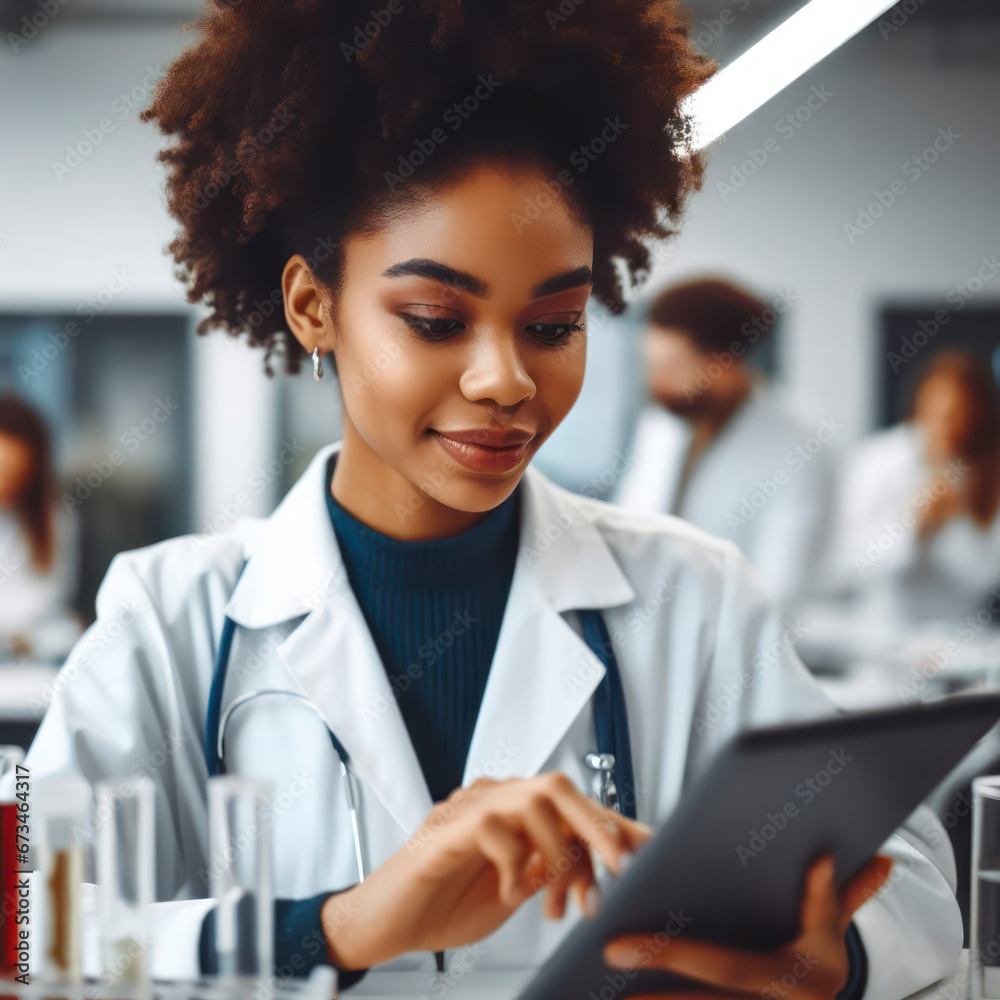 Young black doctor. Woman working in laboratory with digital tablet. ai generative Young black doctor. Woman working in laboratory with digital tablet. ai generative