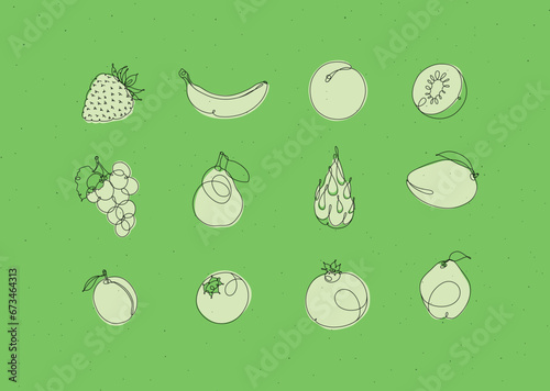 Obraz na płótnie Fruits icons strawberry, banana, apricot, kiwi, grapes, pear, dragon fruit, mango, peach, blueberry, pomegranate, quince drawing in linear style on green background w salonie