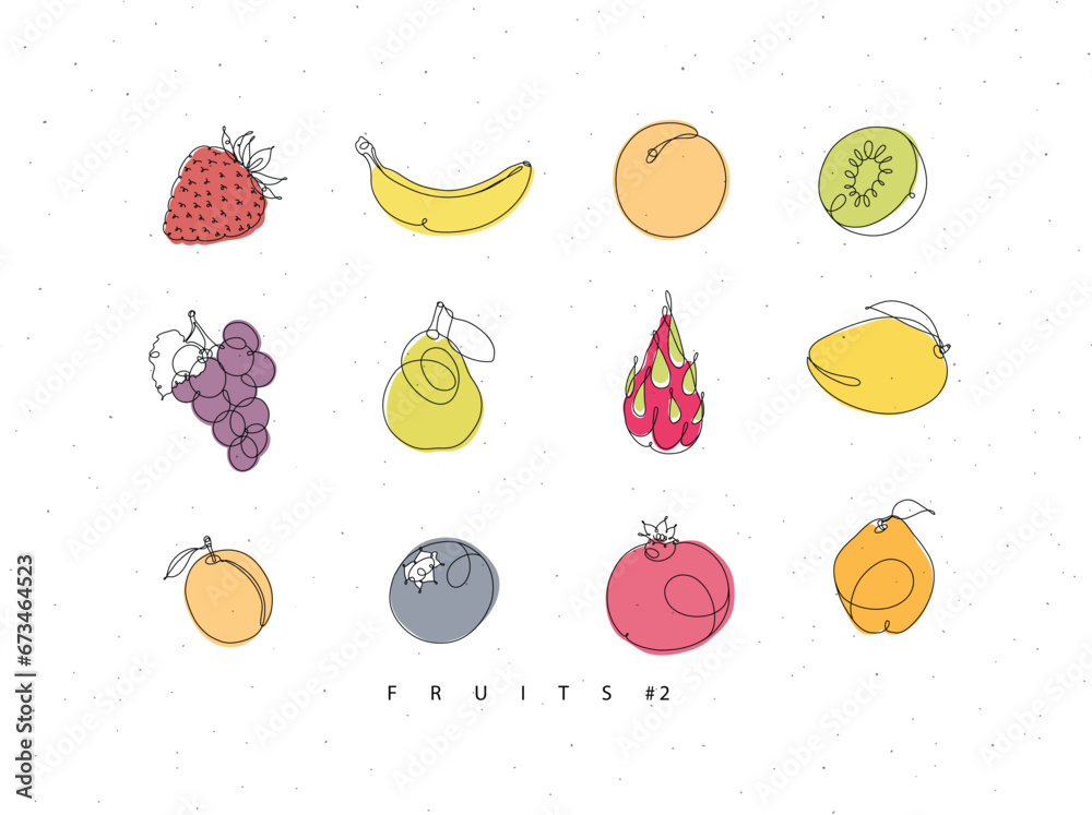 Fruits icons strawberry, banana, apricot, kiwi, grapes, pear, dragon fruit, mango, peach, blueberry, pomegranate, quince drawing with color in linear style on white background
