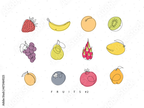 Obraz na płótnie Fruits icons strawberry, banana, apricot, kiwi, grapes, pear, dragon fruit, mango, peach, blueberry, pomegranate, quince drawing with color in linear style on white background w salonie