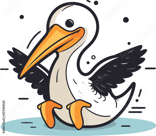 Cute pelican with wings flying in the wind. Vector illustration. photo