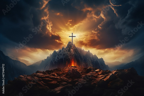 silhouette christian cross on a hill or mountain against sundown