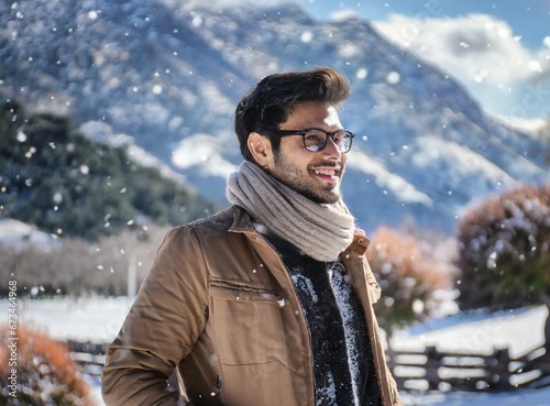 Indian man hiking on mountains, winter travel vacation