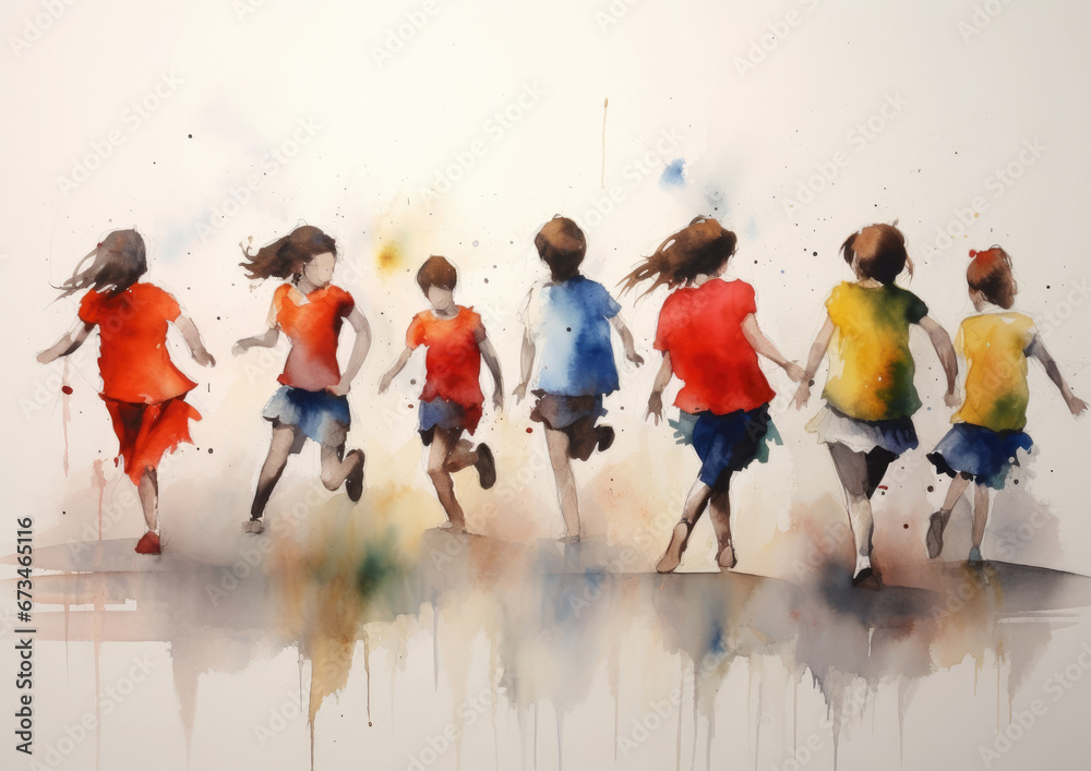 Kids hold hands a dance and run together, in a beautiful watercolour style painting — isolated on a white background, in rich lush color. Minimalist watercolour.