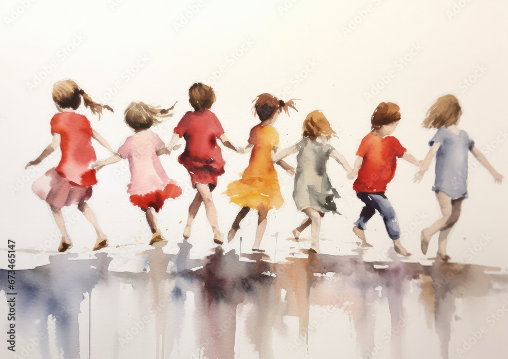 Fototapeta premium Girls hold hands a dance and run together, in a beautiful watercolour style painting — isolated on a white background, in rich lush color. Minimalist watercolour.