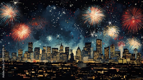 fireworks over night city sky, holiday background, bright colorful lights