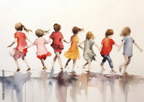 Girls hold hands a dance and run together, in a beautiful watercolour style painting — isolated on a white background, in rich lush color. Minimalist watercolour.