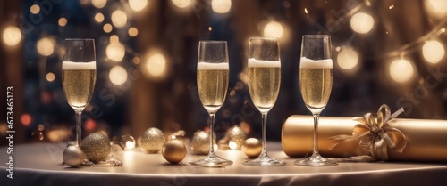 Four champagne glasses on a table with Christmas decorations and lights in the background. The photo conveys a festive and celebratory mood. photo