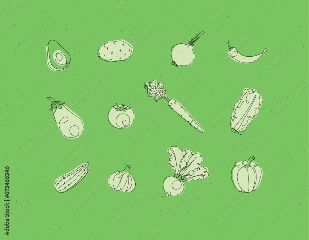 Vegetables icons avocado, potato, onion, chili, eggplant, tomato, carrot, lettuce, cucumber, garlic, beet, pepper drawing in linear style on green background