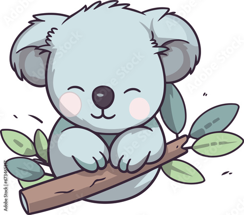 Cute cartoon koala with eucalyptus branch. Vector illustration.