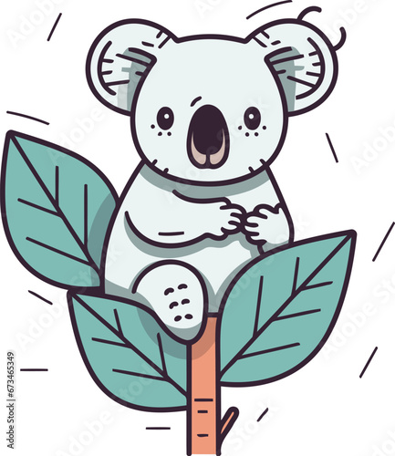 Cute cartoon koala on the branch with leaves. Vector illustration.