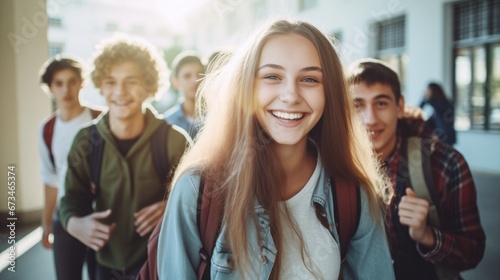 High school students happy going to class photo