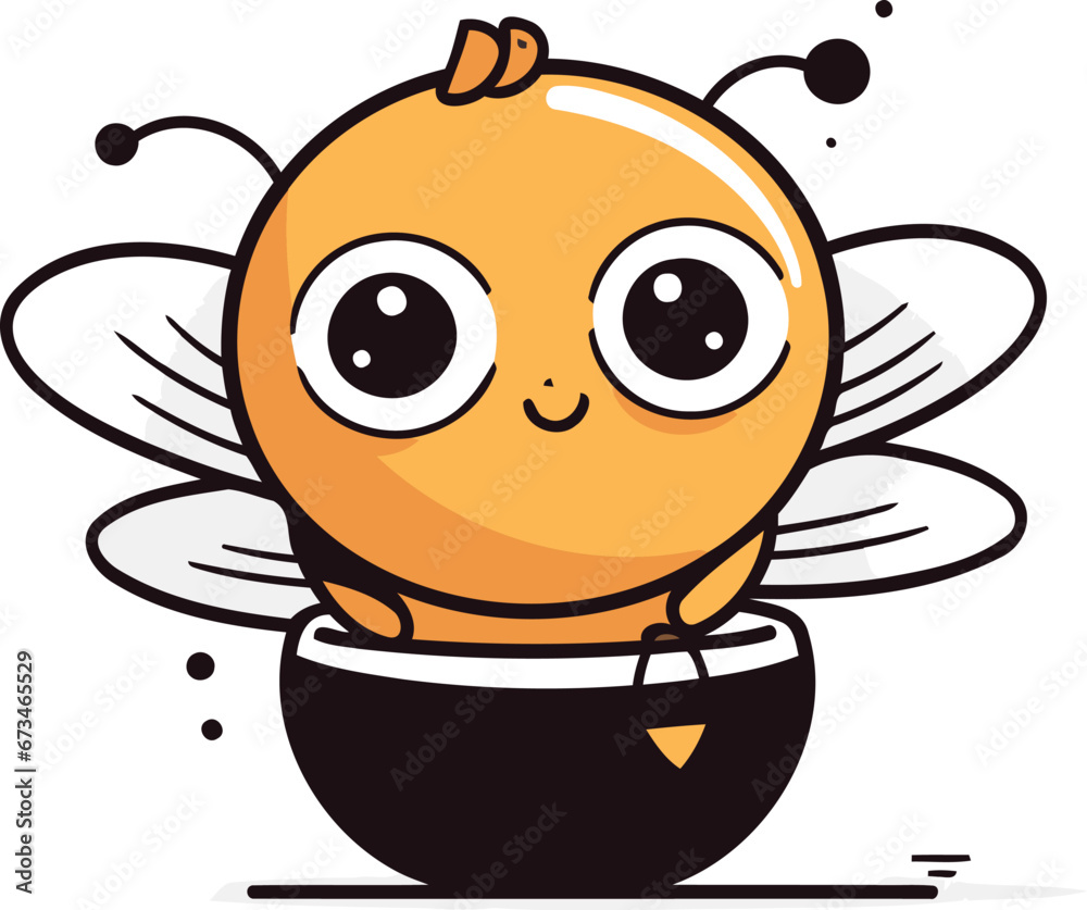 Obraz premium Cute cartoon bee in a pot of honey. Vector illustration.