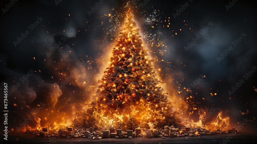 Christmas tree ablaze with flames standing against a dark background - obrazy, fototapety, plakaty 