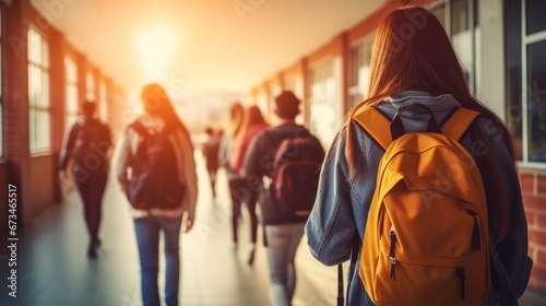 a group of students goes to college. view from back with no faces