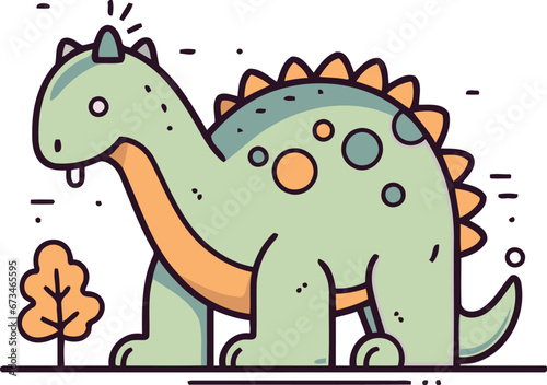 Cute dinosaur in flat line style. Vector illustration for kids.