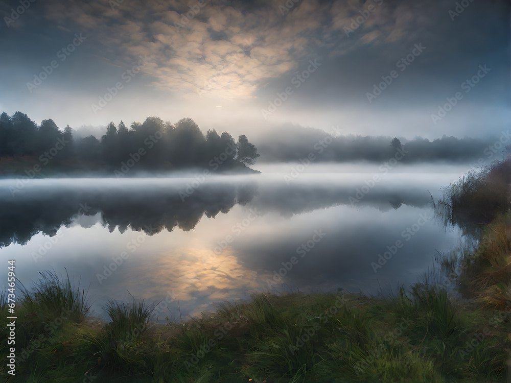 Mystical Morning: Fog Over the Tranquil Lake. generative AI