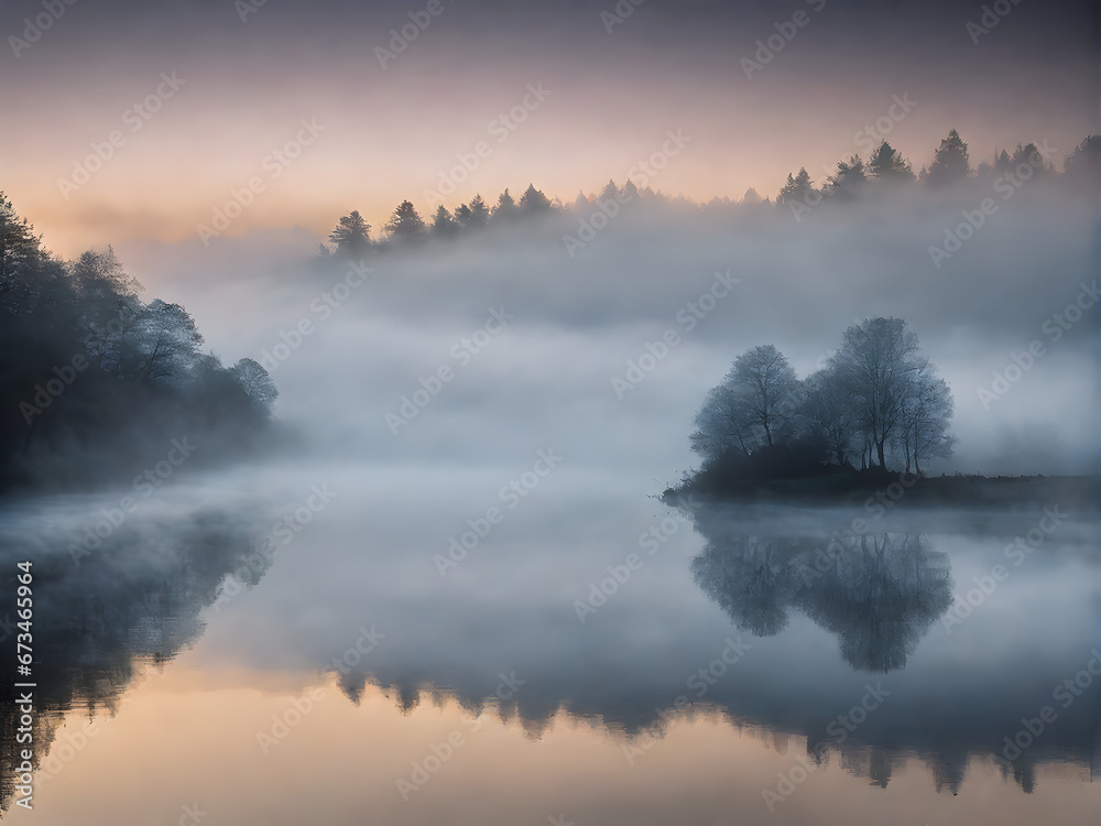 Mystical Morning: Fog Over the Tranquil Lake. generative AI Mystical Morning: Fog Over the Tranquil Lake. generative AI