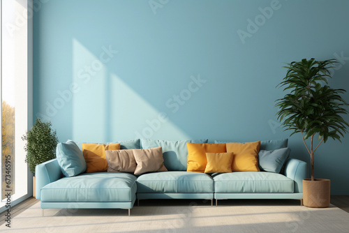 Large and bright living room with a huge window. Blue empty wall for mockups. Corner sofa with colored pillows. © Iryna