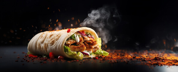 fresh grilled beef turkish or chicken arabic shawarma doner sandwich with flying ingredients and spices hot ready to serve and eat food commercial advertisement menu banner with copy space area