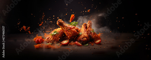 fresh chicken boned wings in buffalo barbeque, or spicy sauce with flying ingredients and spices hot ready to serve and eat food commercial advertisement menu banner with copy space