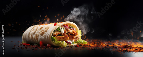 fresh grilled beef turkish or chicken arabic shawarma doner sandwich with flying ingredients and spices hot ready to serve and eat food commercial advertisement menu banner with copy space area photo