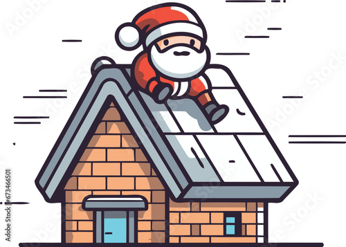 Santa claus on the roof of the house. Christmas vector illustration.