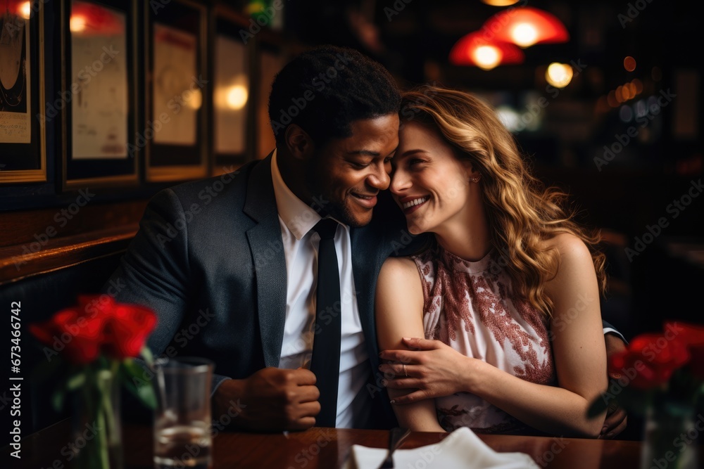 An elegant and stylish portrait of a couple dressed up for a romantic Valentine's Day dinner, captured in the soft light of a restaurant, showcasing their love and appreciation for each other.