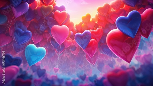 Abstract heart-shaped balloons ascend against a colorful, ethereal setting, underscoring the delight and jubilation that accompanies the expression of love during Valentine's Day.