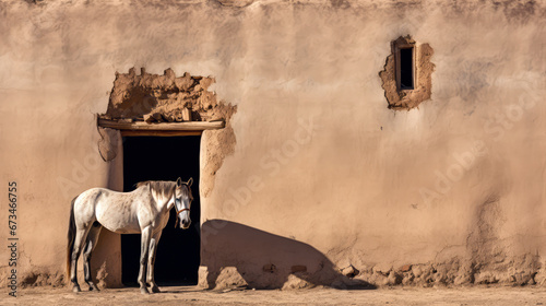 Horse standing in front of a building with an old adobe wall