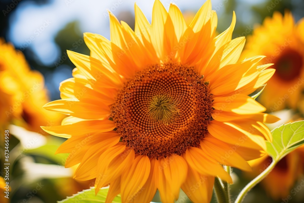 A vibrant sunflower in full bloom, its golden petals radiating warmth under the summer sun, emphasizing the flower's natural beauty. A vibrant sunflower in full bloom, its golden petals radiating warmth under the summer sun, emphasizing the flower's natural beauty.