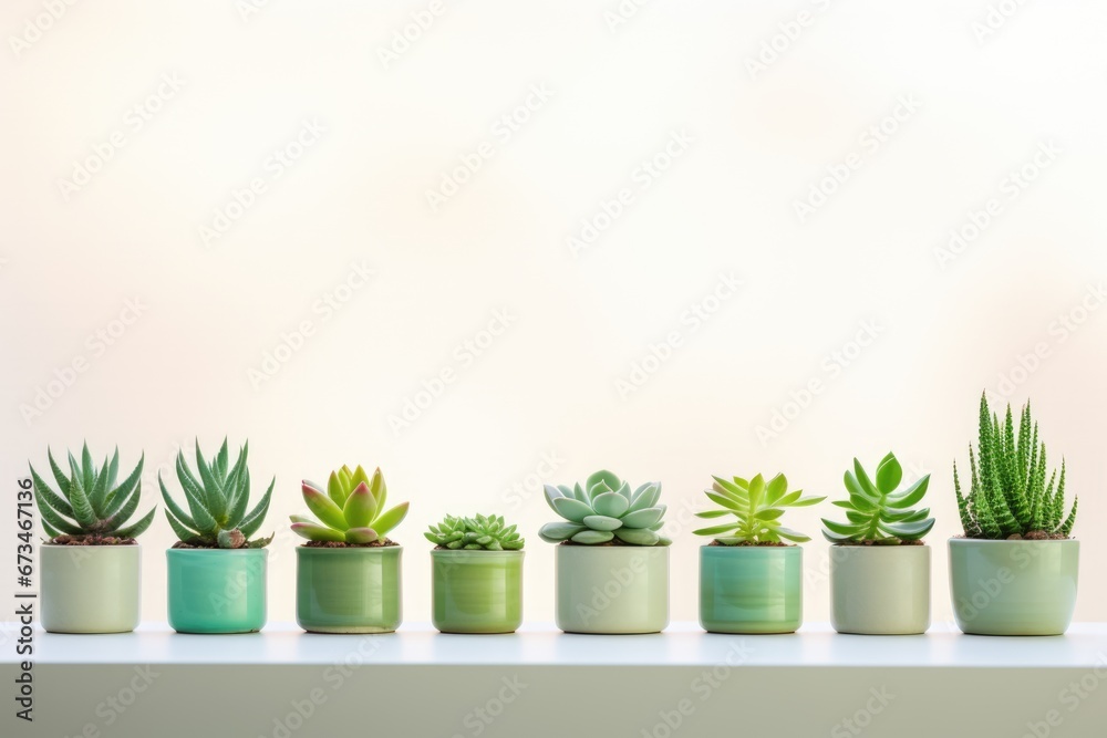 A minimalist image of a row of succulents on a sunny windowsill, their unique shapes and various shades of green creating a serene and natural indoor oasis.