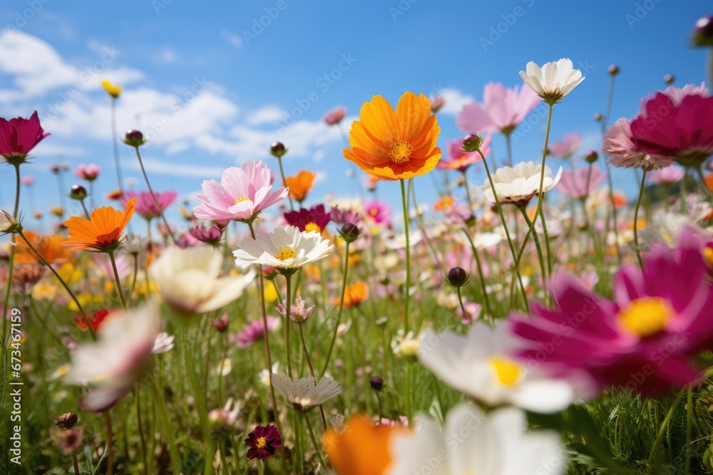 A colorful field of wildflowers cosmos flower, showcasing a variety of blossoms in different shades and shapes, evoking the diversity and splendor of summer blooms in nature.
