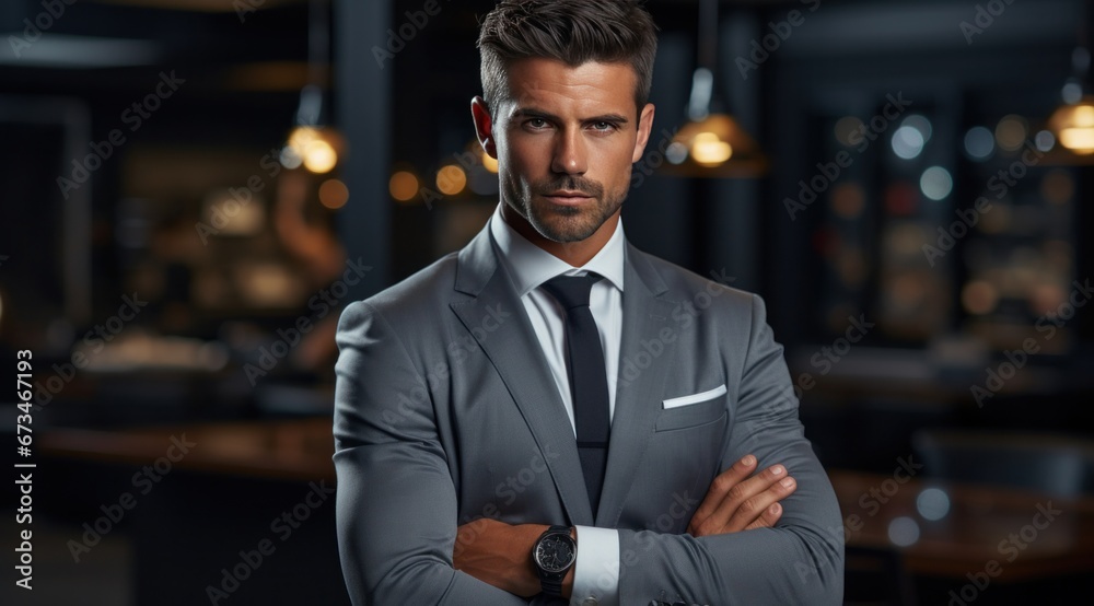Fototapeta premium businessman in grey suit holding hands with arms crossed