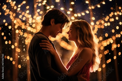 A couple dancing under a starry sky, with the glow of string lights surrounding them, encapsulating the magic and romance of a memorable Valentine's Day evening.