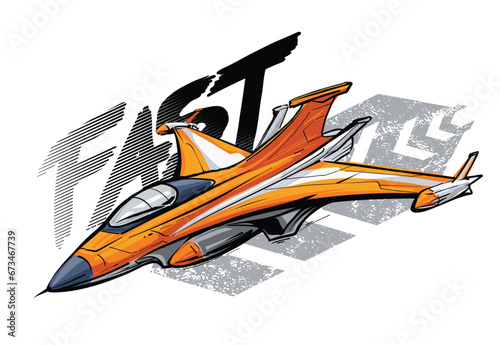 Military aircraft flying on grunge arrow background. Orange Jet fighter poster.