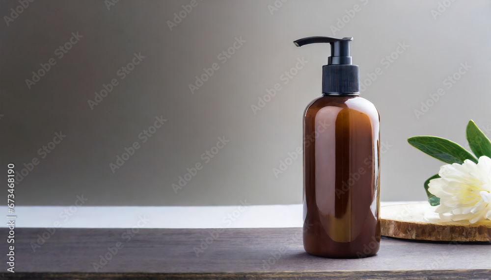 copy space on Mock-up of brown cosmetics bottle with dispenser copy space on Mock-up of brown cosmetics bottle with dispenser