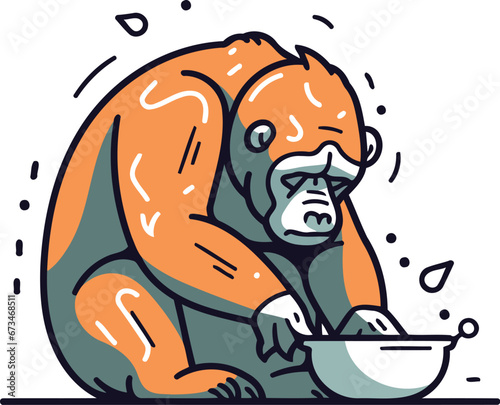 Gorilla eating from a bowl. Vector illustration in line style.