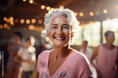 elderly woman in pink shirt dancing with her friends