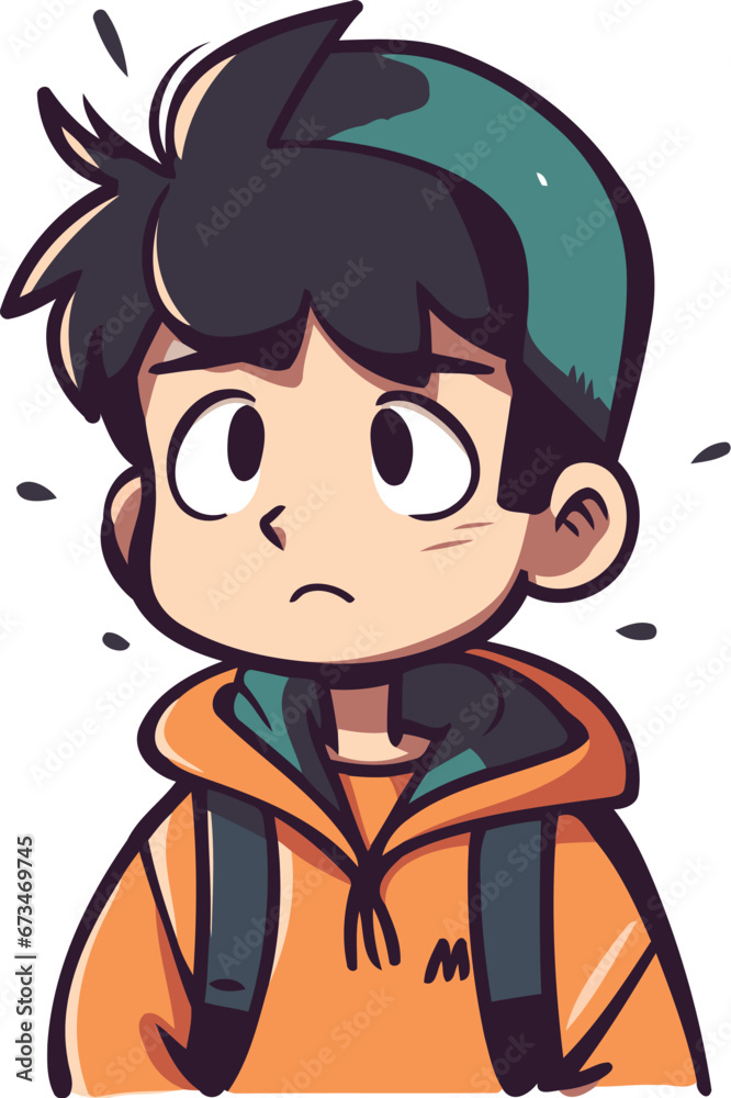 Cartoon illustration of a boy with a sad expression on his face.