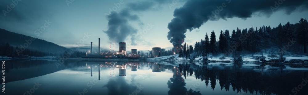 industrial plant with smoke and reflection in pond