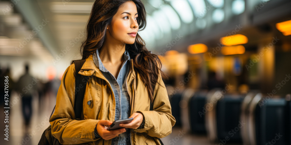Ready for Takeoff: Asian Businesswoman with Suitcase and Smartphone at Airport Ready for Takeoff: Asian Businesswoman with Suitcase and Smartphone at Airport