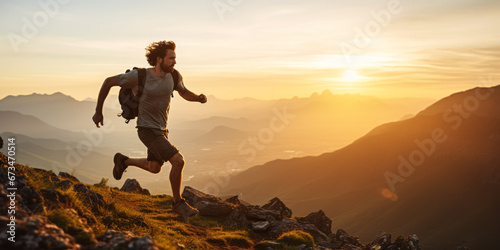 Capturing Freedom: Man Runs and Leaps on Mountain at Sunrise © Bartek
