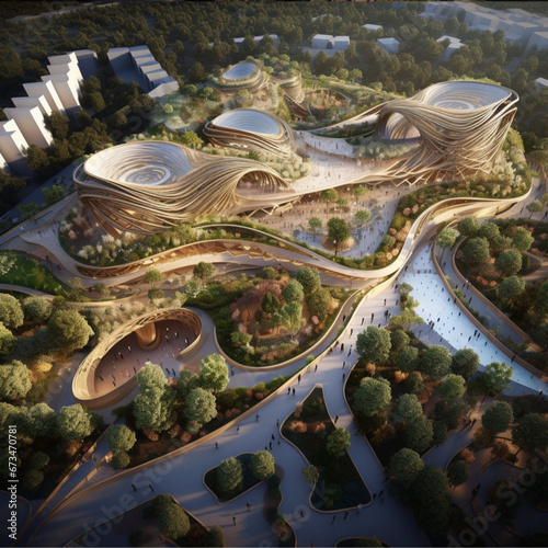 Create a detailed top view site plan for a cinema city architecture complex spanning an area of 40,000 square meters, taking inspiration from the organic patterns of pine plants. photo