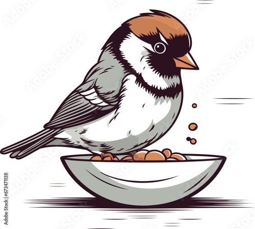 Vector illustration of a cute chickadee eating from a bowl.