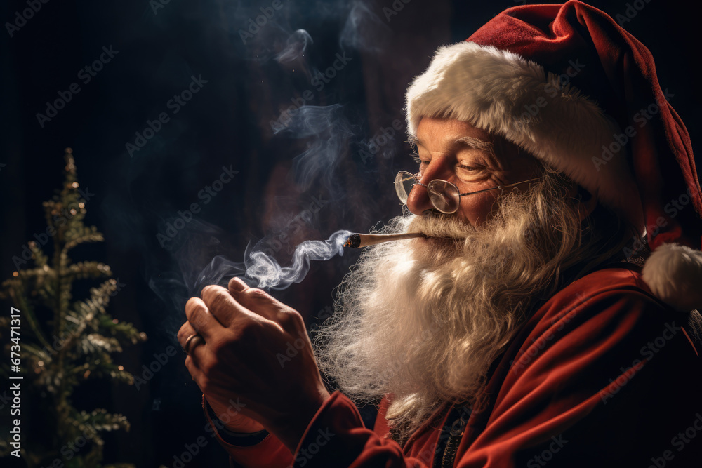 New Year concept with Santa Claus smoking marijuana joint. AI generative art - obrazy, fototapety, plakaty 